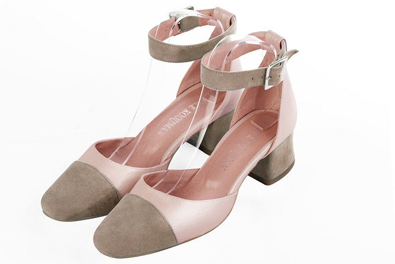 Tan beige and powder pink women's open side shoes, with a strap around the ankle. Round toe. Low flare heels. Front view - Florence KOOIJMAN